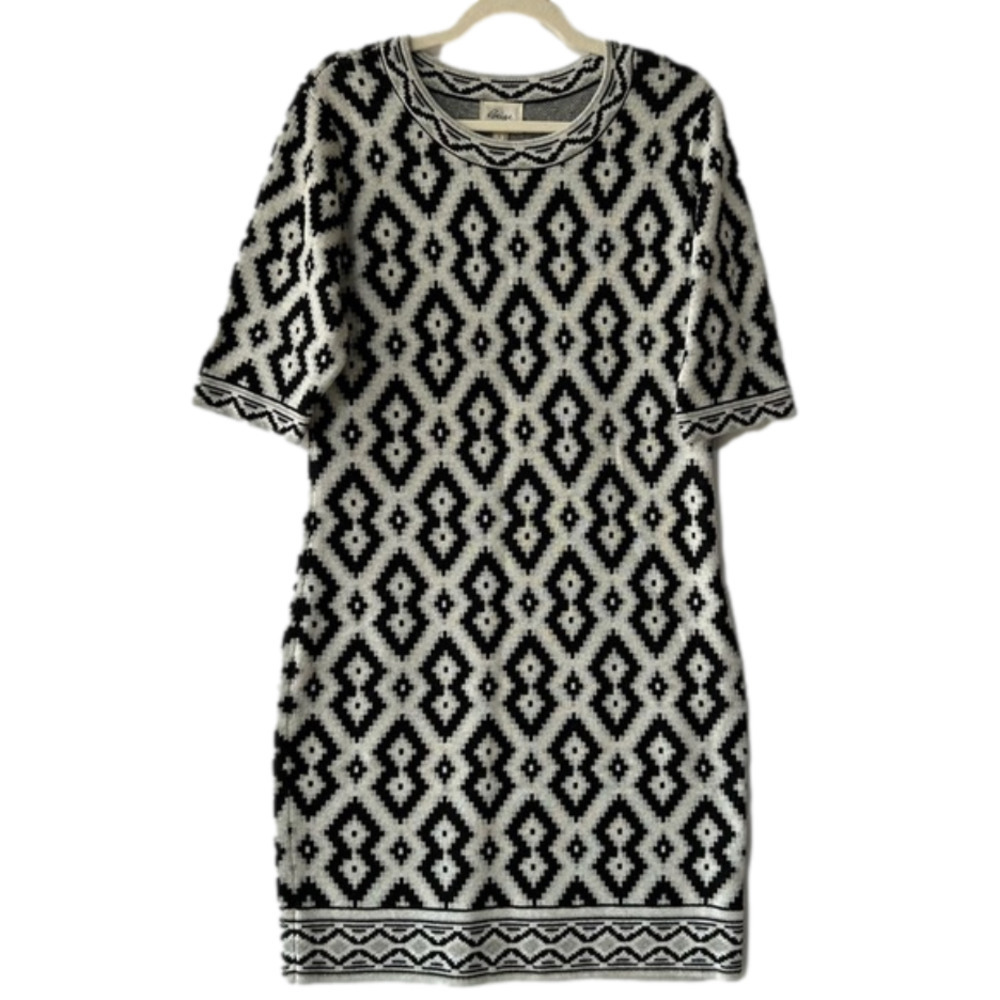 Beige by eci Knit Tribal Patterned Sweater Dress Black White Silver Size Large